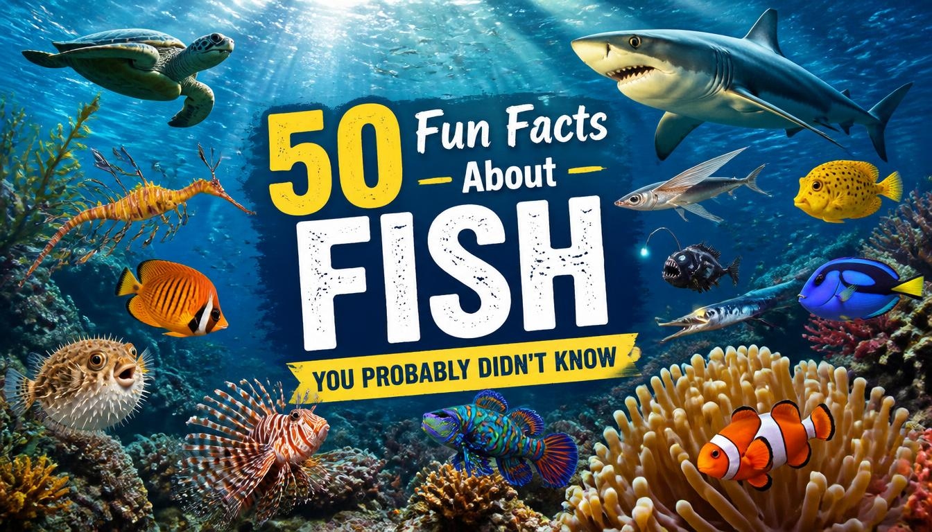 Colorful underwater scene featuring a shark, sea turtle, clownfish, pufferfish, lionfish, flying fish, and other marine species surrounding the “50 Fun Facts About Fish” title.