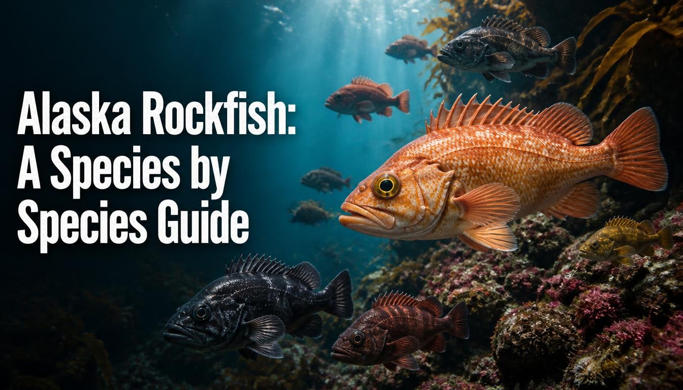 Several Alaska rockfish species, including a prominent yelloweye rockfish, swimming above a rugged rocky reef in deep blue Alaskan waters.