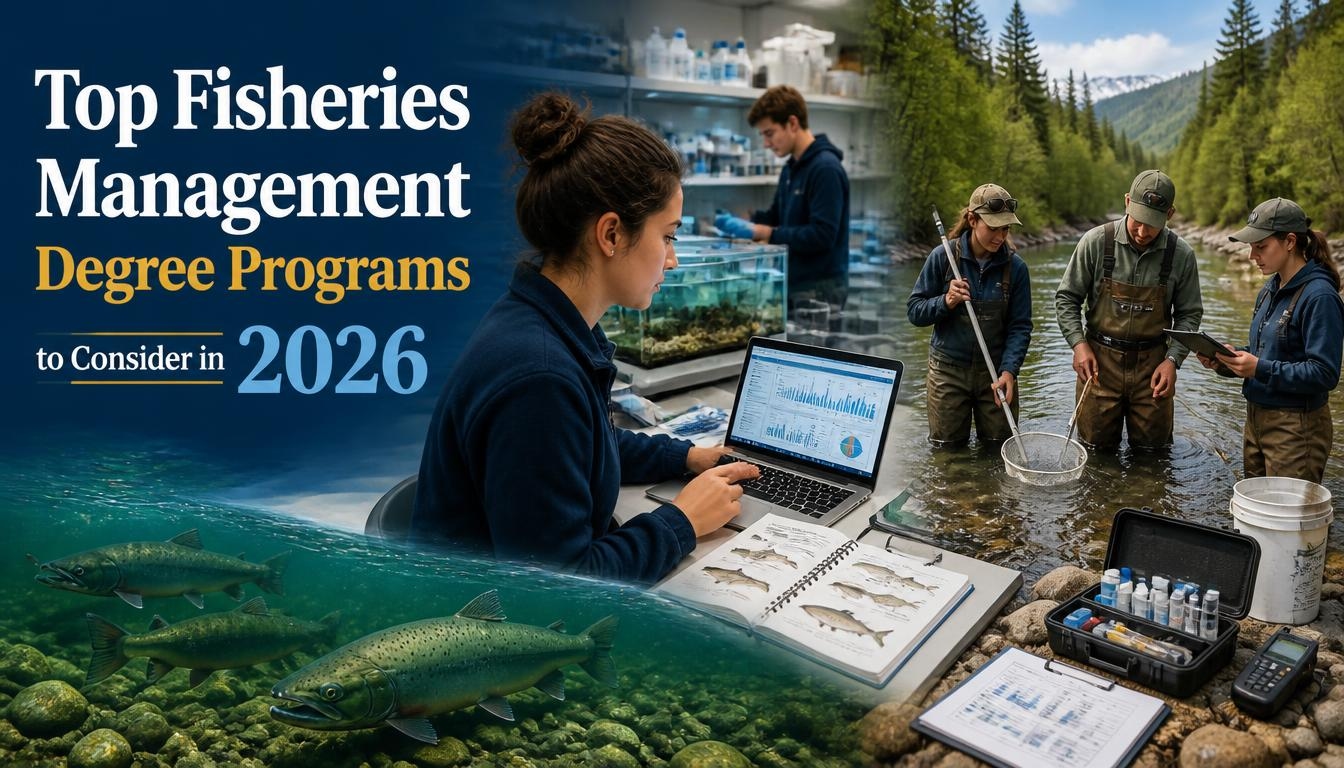 Fisheries management students and researchers analyzing fish data in a laboratory and conducting field sampling in a mountain stream, with underwater fish shown in the foreground.
