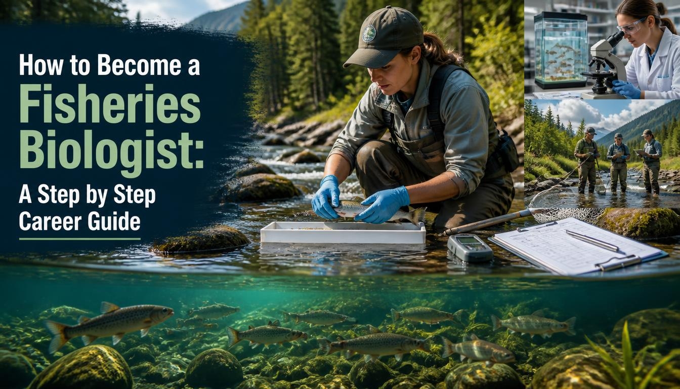 Fisheries biologist examining a fish in a mountain stream, with field research, laboratory analysis, underwater fish, and data collection shown in the background.
