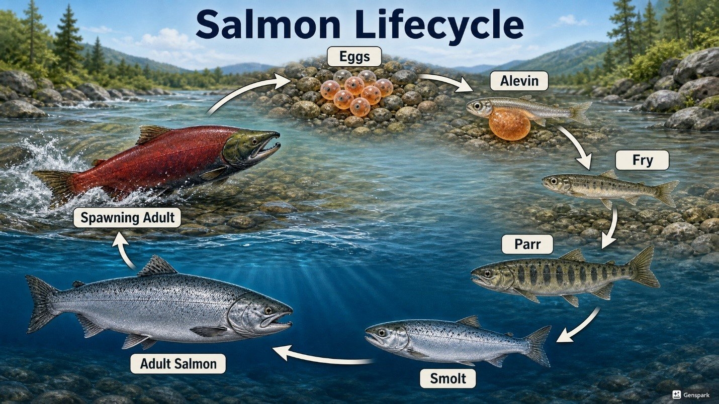 Life Stages of Salmon: Eggs, Fry, Smolt, and Adult